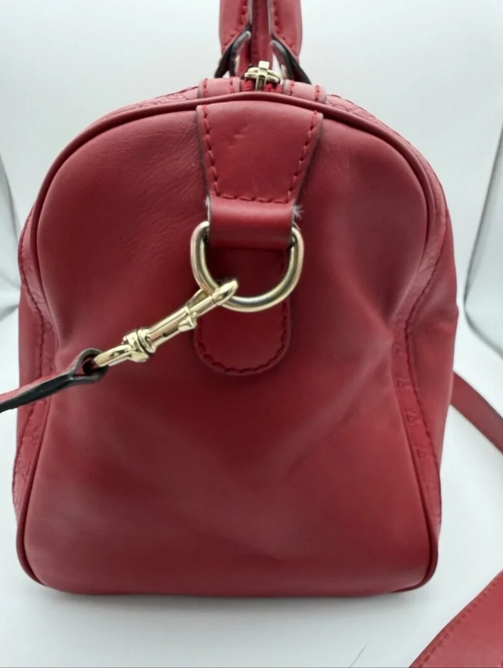 ❤️ Authentic Gucci Red Joy Boston Bag Guccissima Vertical Leather Trim GG Strap